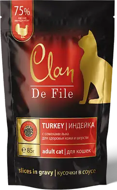 Clan de file пауч для кошек кусочки в соусе, индейка, креветки и семена льна