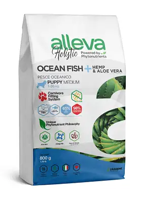 Alleva holistic dog сухой корм для щенков средних пород с океанической рыбой, коноплей и алое вера
